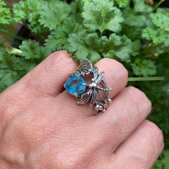 Vtg Style Dragonfly Aquamarine Ring sz 6 - Picture 7 of 12